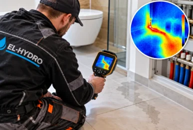 Specjalista EL-HYDRO lokalizuje wyciek wody pod podłogą za pomocą kamery termowizyjnej w Zielonej Górze, Nowej Soli i Sulechowie.
