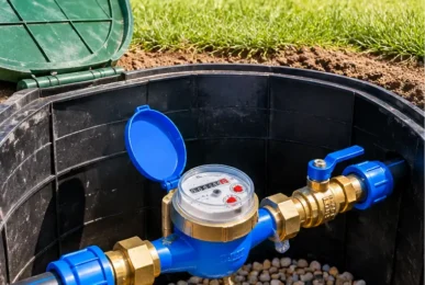 Zainstalowany wodomierz ogrodowy ze specjalnym zaworem w studzience ogrodowej wykonany przez firmę EL-HYDRO w Zielonej Górze, Nowej Soli i Sulechowie.