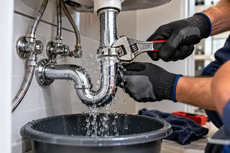 Hydraulik EL-HYDRO wykonuje przegląd i kontrolę wężyka ciśnieniowego pod umywalką w celu zapobiegania wyciekom w Zielonej Górze, Nowej Soli i Sulechowie.