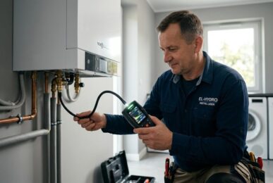 Serwisant EL-HYDRO wykonuje badanie szczelności instalacji gazowej oraz przegląd kotła gazowego Viessmann w Zielonej Górze i Nowej Soli.