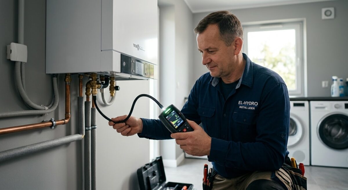 Serwisant EL-HYDRO wykonuje badanie szczelności instalacji gazowej oraz przegląd kotła gazowego Viessmann w Zielonej Górze i Nowej Soli.