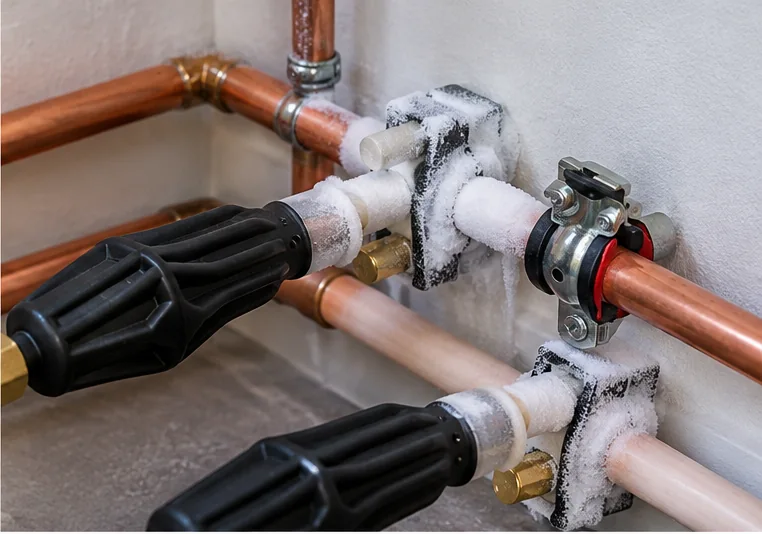 Zbliżenie na oszronione rury miedziane i obejmy zamrażarki hydraulicznej wykonane przez EL-HYDRO w Zielonej Górze, Nowej Soli i Sulechowie.
